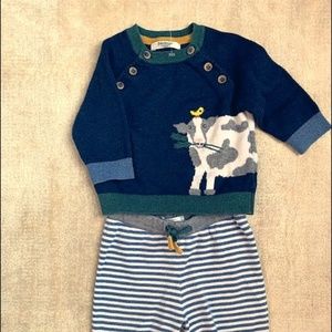 Baby Boden cow & bird sweater and striped pant set